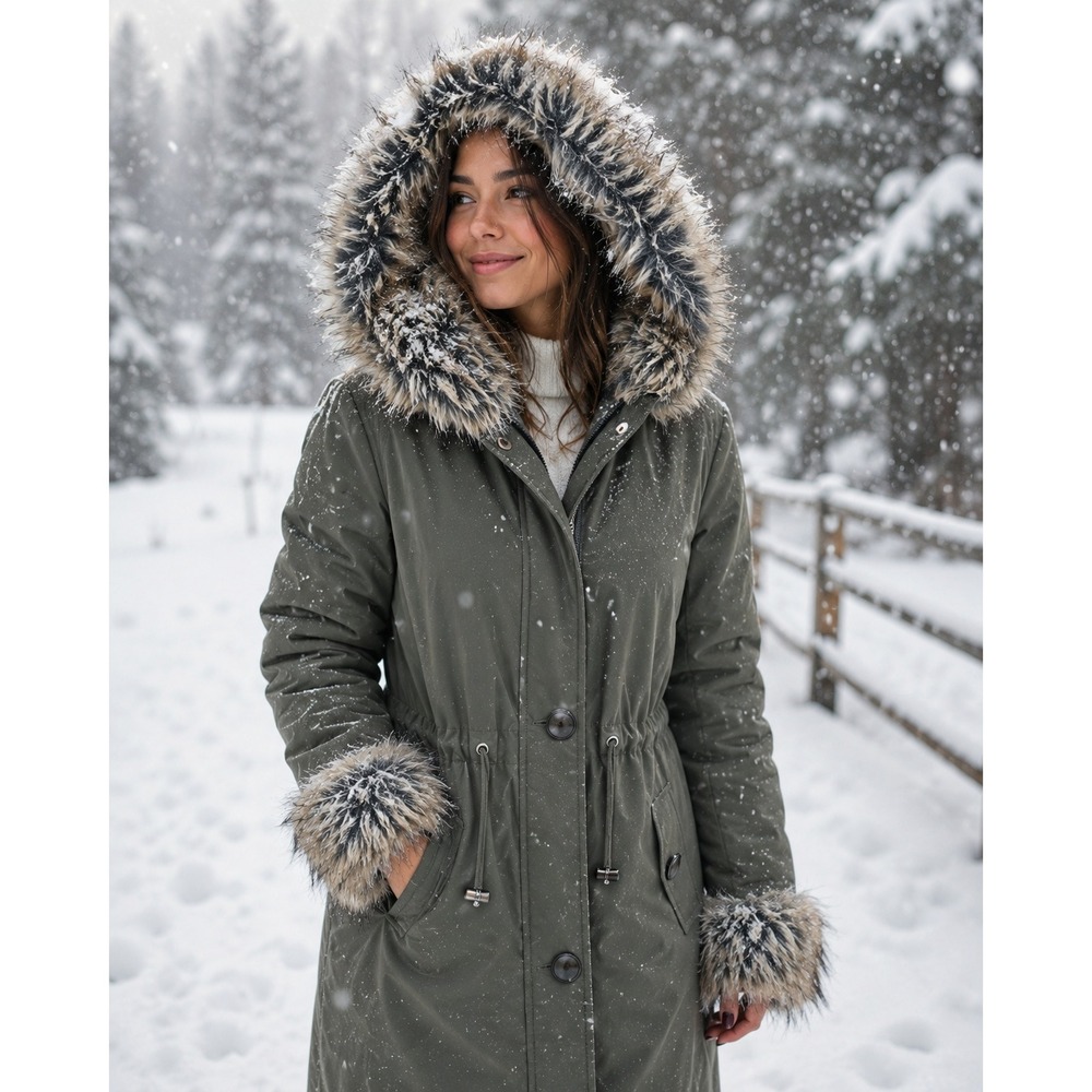 Womens Olive Green Faux Fur Trim Hooded Parka Coat Donna Salyers' Fabulous Furs
